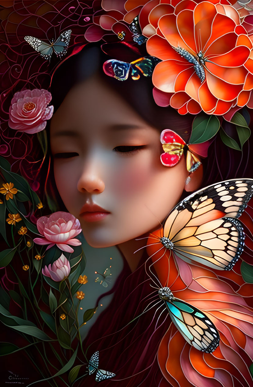 Digital art portrait of woman with butterflies and vibrant flowers on dark background