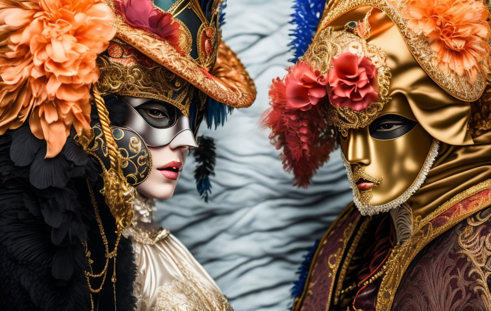 Elaborate Venetian carnival masks with vibrant colors and intricate designs