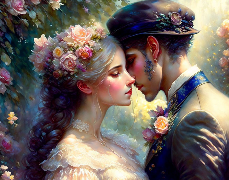 Illustrated couple in romantic embrace with floral headpiece and decorated hat in soft floral setting.