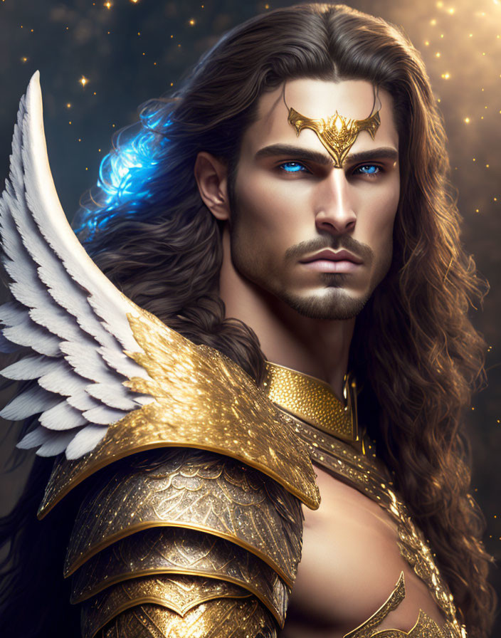 Male figure with long wavy hair, golden armor, wings, crown headpiece, and mystical blue