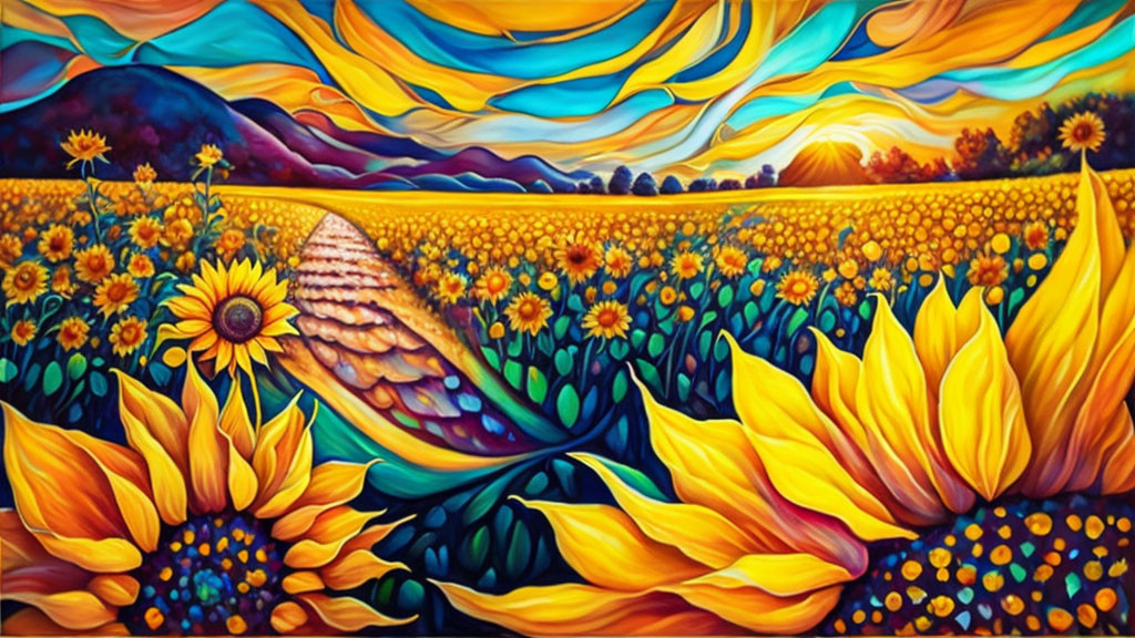 Colorful Sunflower Field Painting with Swirling Sky