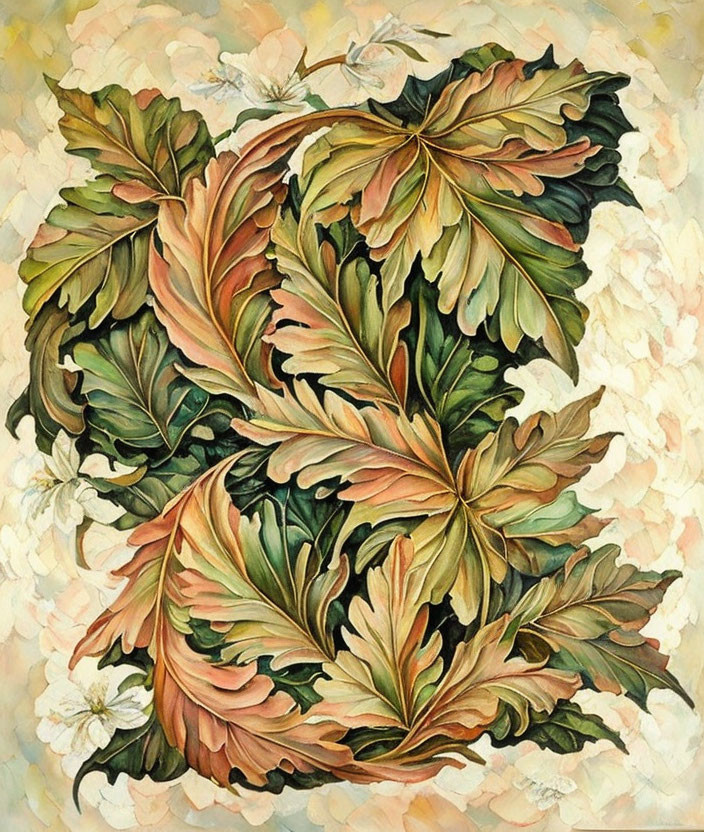 Intricate Autumnal Leaves Painting with White Flowers