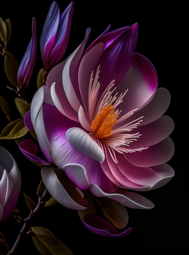 Close-up of Blooming Purple and White Flower with Orange Center