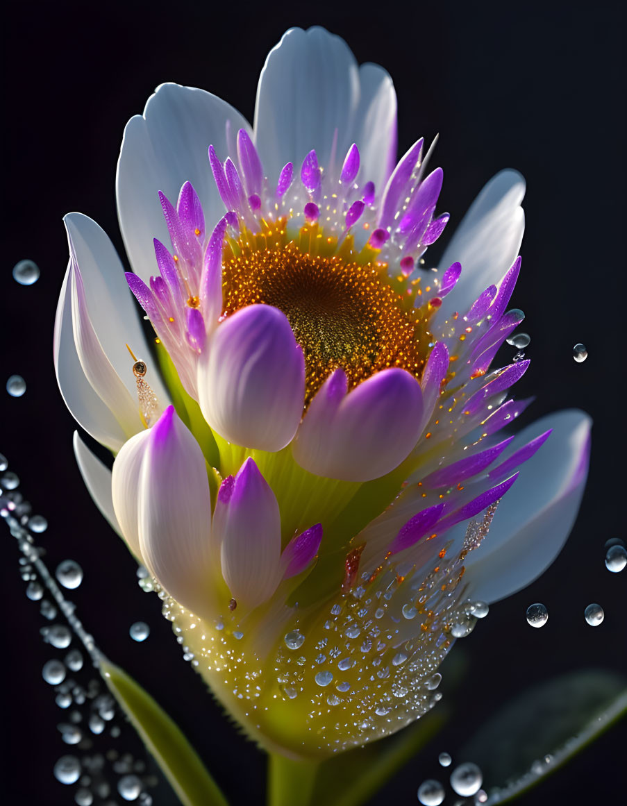 White and Purple Flower with Water Droplets in Soft Light