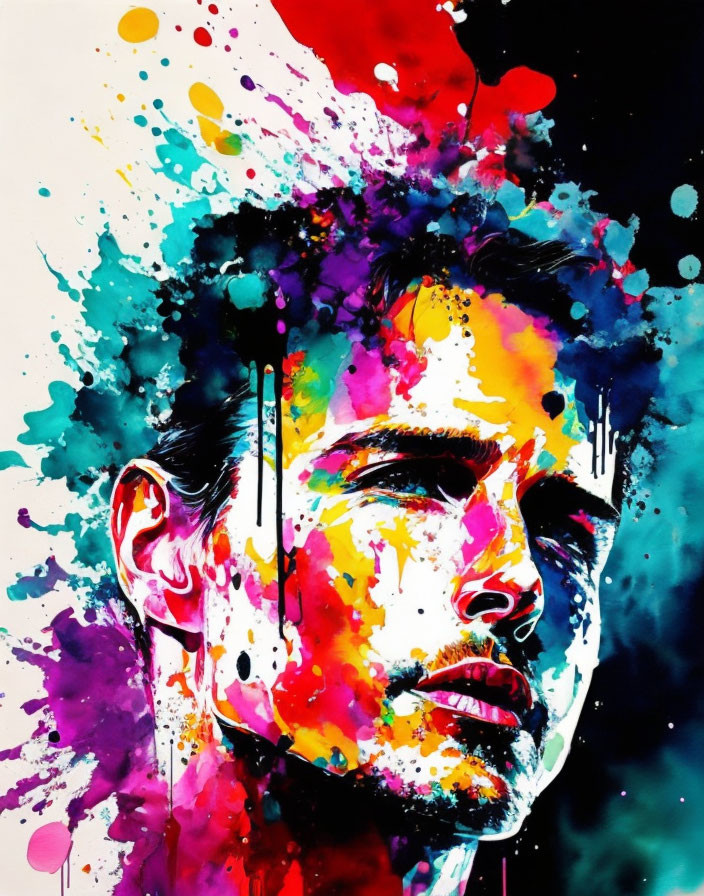 Colorful Abstract Watercolor Portrait in Pink, Blue, Yellow & Purple