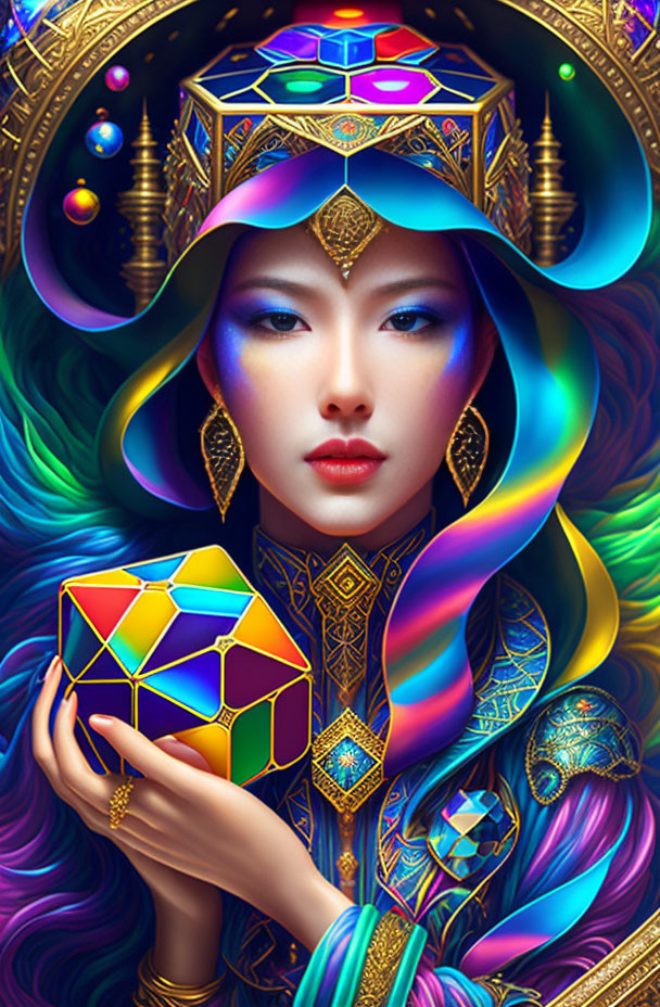 Vibrant digital artwork: woman in ornate headdress with Rubik's cube, intricate patterns