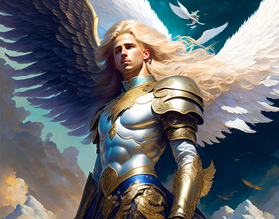 Golden-armored winged figure in sky with blonde hair symbolizes divine power