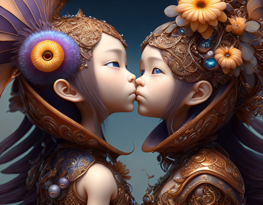 Fantastical characters with ornate headpieces and vibrant eyes kissing in richly detailed scene