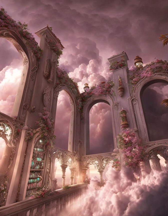 Fantastical architecture with ornate arches and columns in a purple sky