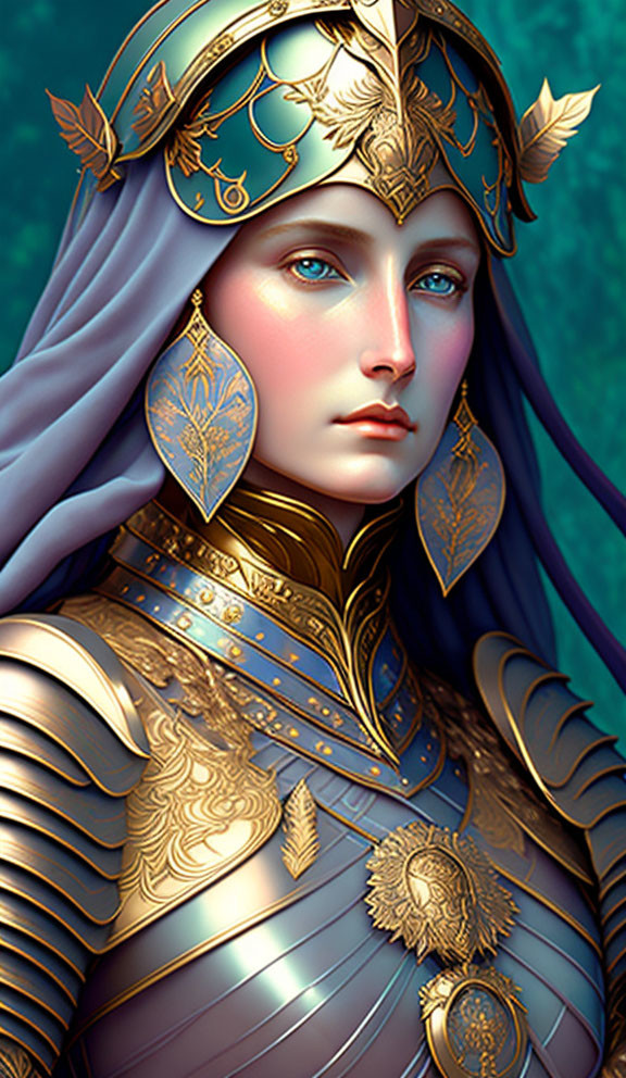 Digital art portrait of woman in ornate golden armor and helm with leaf motifs, blue eyes, and