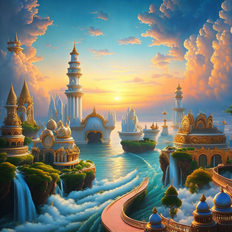 Ornate towers and waterfalls in fantastical sunset landscape