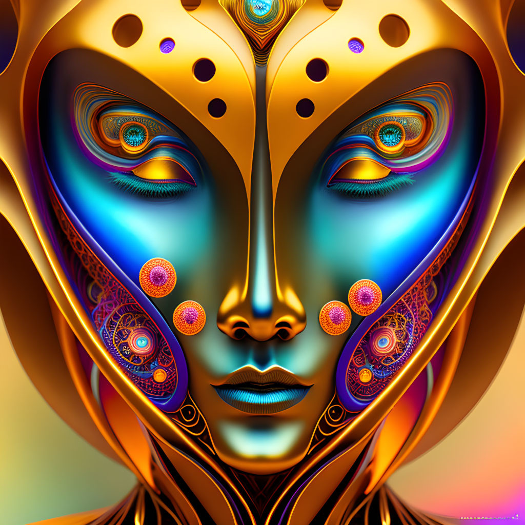 Intricate Symmetrical Humanoid Face with Multiple Eyes and Sci-Fi Aesthetic