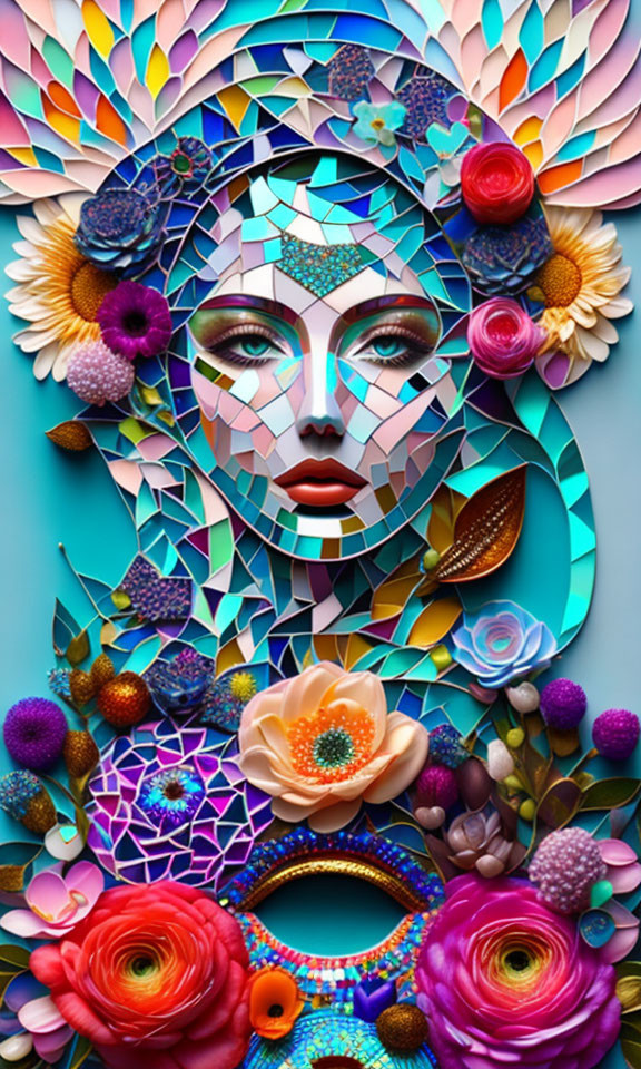 Colorful Mosaic Art: Woman's Face Surrounded by Flowers & Geometric Patterns