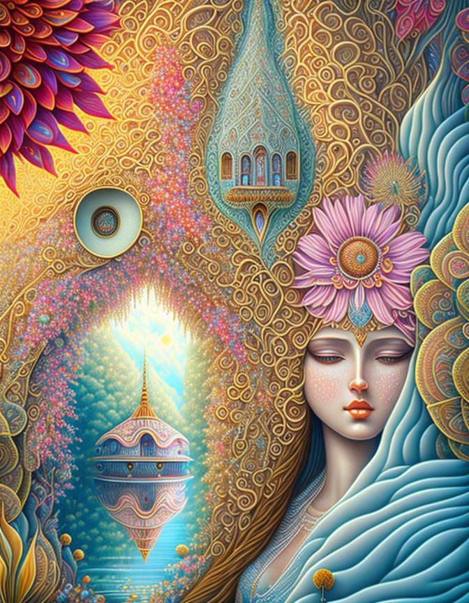 Detailed Artwork: Serene Female Face, Fantastical Architecture, All-Seeing Eye, Floral