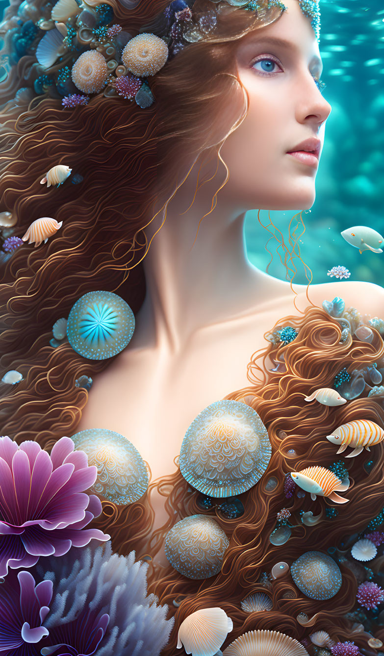 Mermaid with Coral, Shells, and Fish in Serene Underwater Scene