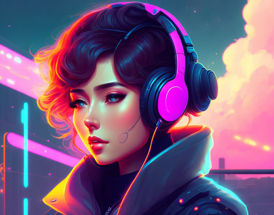 Digital artwork: Woman with headphones in neon-lit futuristic setting