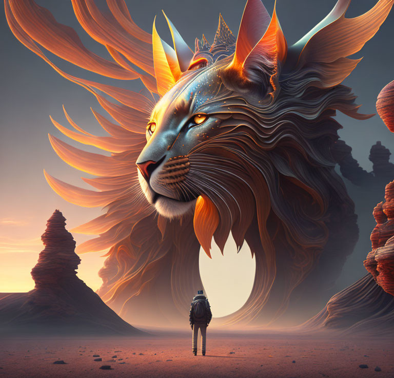 Fantasy lion with fiery mane in surreal desert landscape