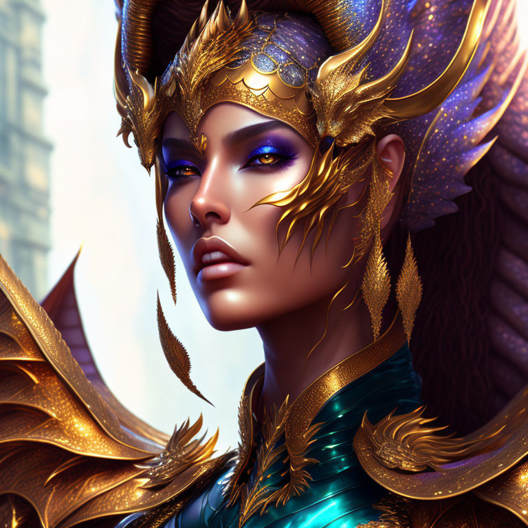 Regal woman in golden armor with leaf motifs and vibrant makeup