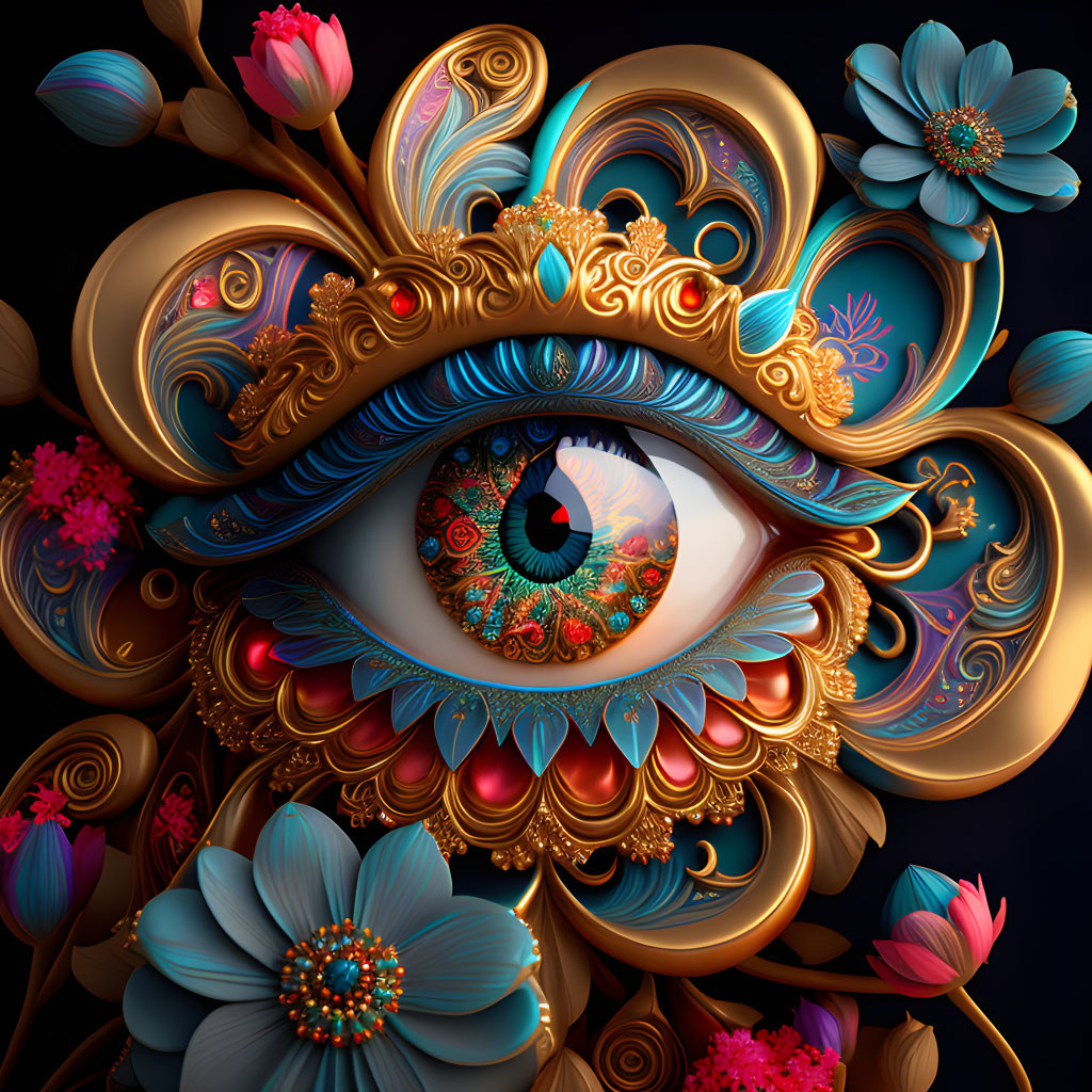 Eye surrounded by ornate floral baroque elements in vibrant colors on dark background