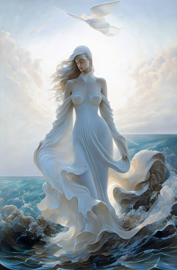 Ethereal woman in white gown amidst ocean waves and soaring bird