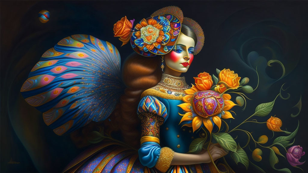 Colorful digital artwork: Woman in peacock attire with floral decorations