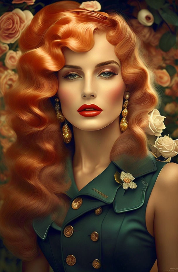 Illustration of woman with red hair, blue eyes, vintage makeup, green dress, gold earrings,