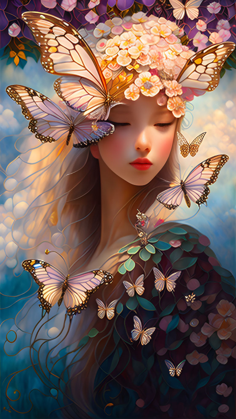 Surreal portrait of woman with butterflies and floral hat