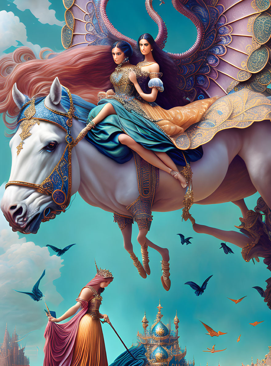 Two women in elaborate dresses riding winged horse in fantasy landscape