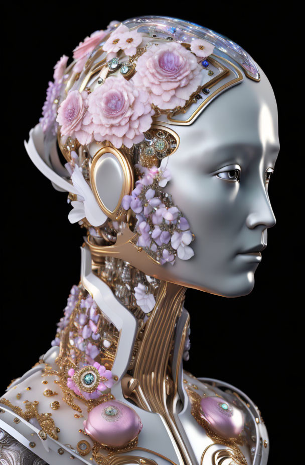 Detailed humanoid robot with floral and jewel-encrusted head and gold-white design.