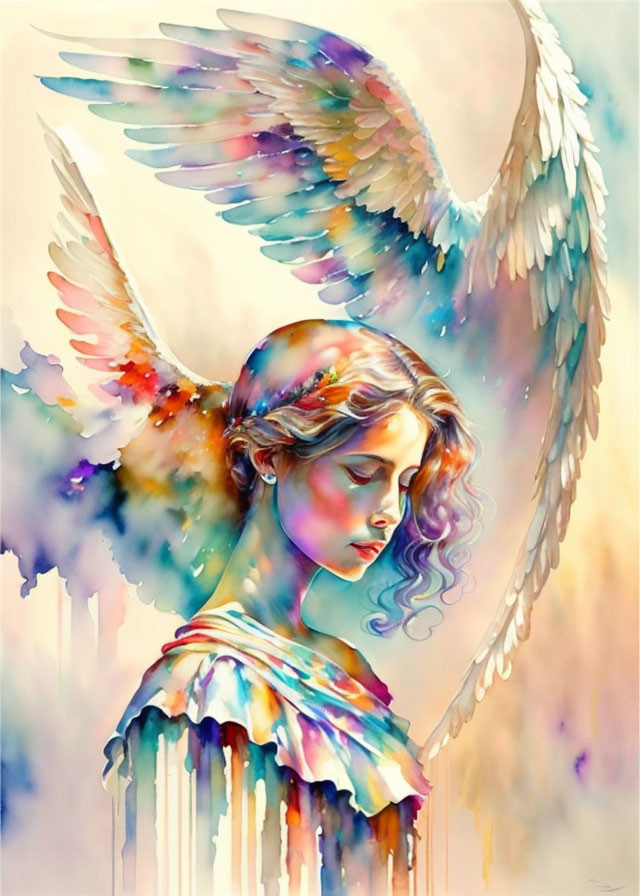 Ethereal angelic figure with large wings in contemplation