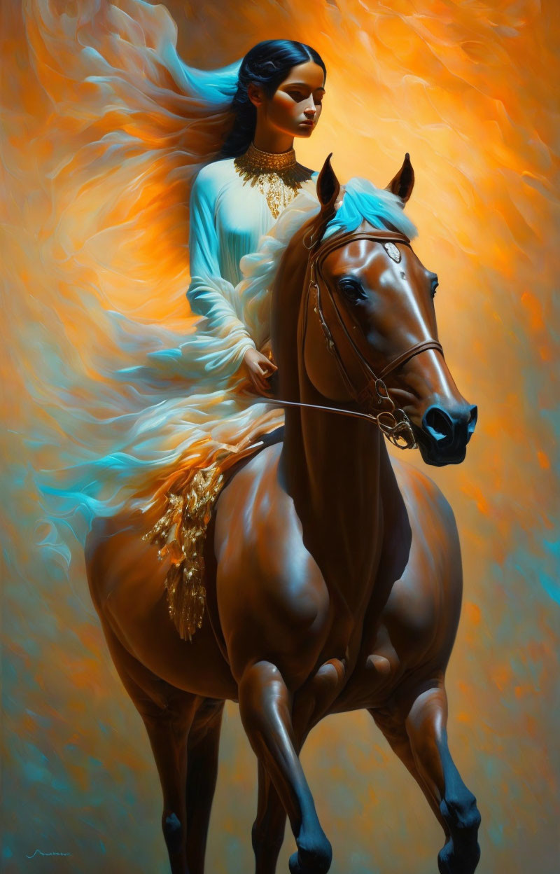 Woman in blue attire rides brown horse in fiery orange ambiance