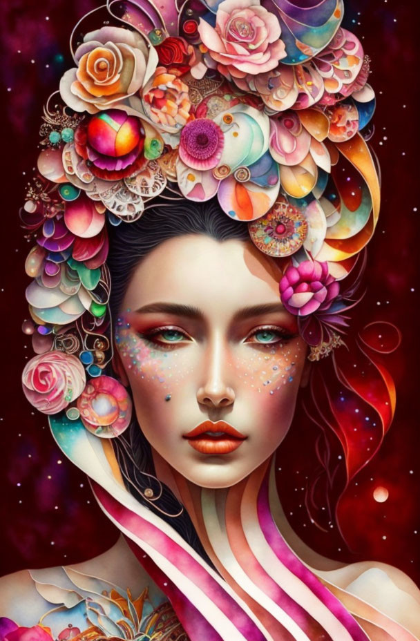 Woman with Colorful Flower and Shell Headdress and Starry Freckles