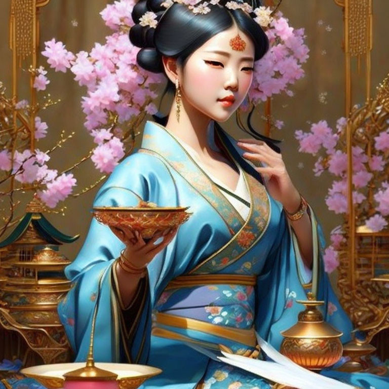 Digital Artwork: Woman in Asian Attire with Cherry Blossoms