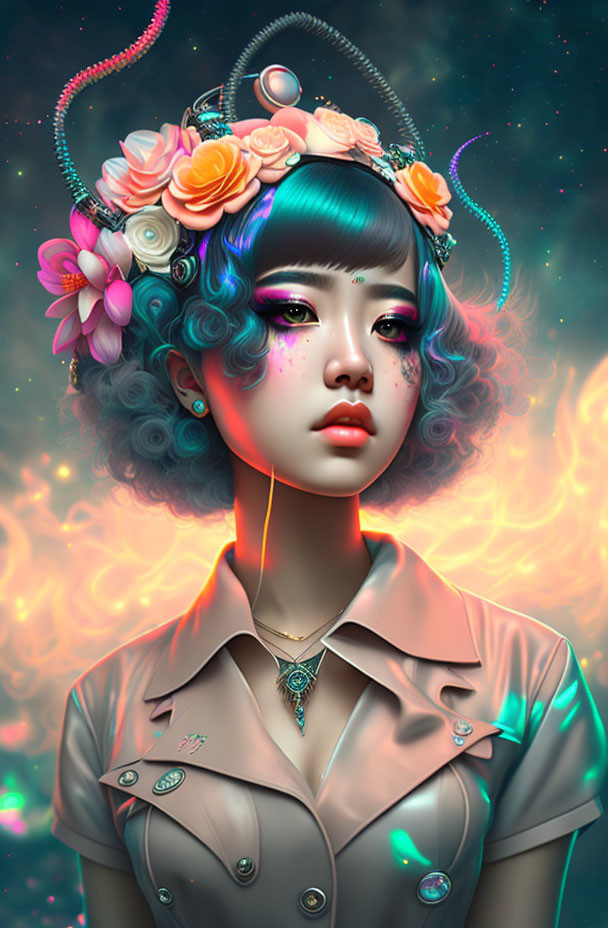 Digital portrait of girl with blue hair and floral headpiece in starry setting