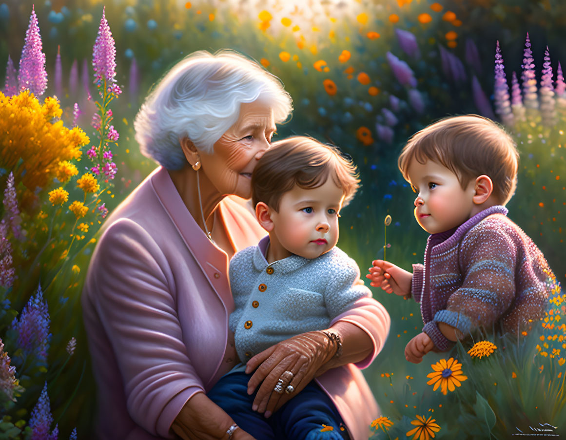 Elderly woman and two children in flower-filled meadow at sunset