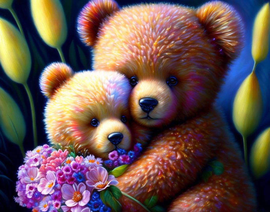 Fluffy Teddy Bears Cuddling Among Vibrant Flowers and Yellow Tulips