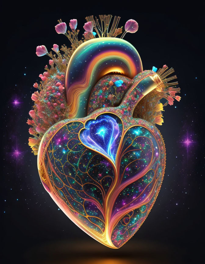 Colorful Surreal Heart Art with Cosmic and Floral Elements on Dark Background