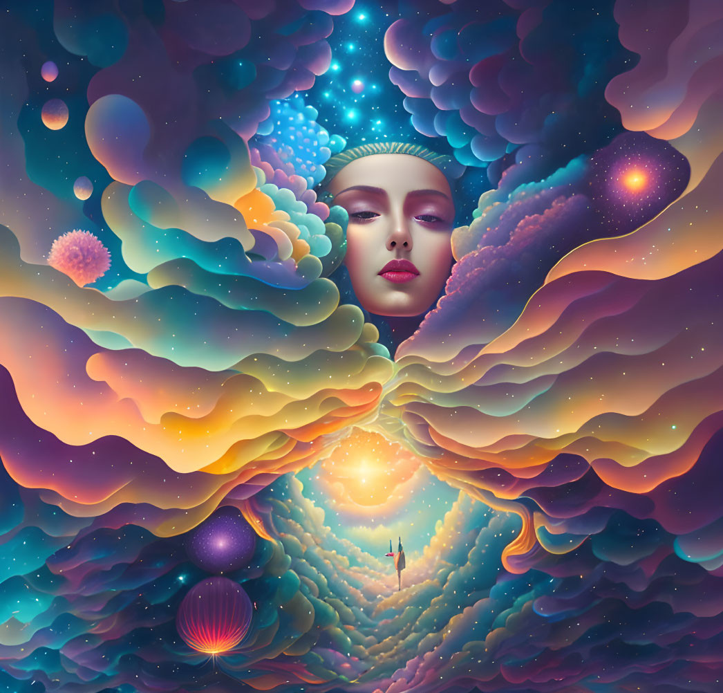 Colorful surreal illustration: Woman's face in cosmic dreamscape