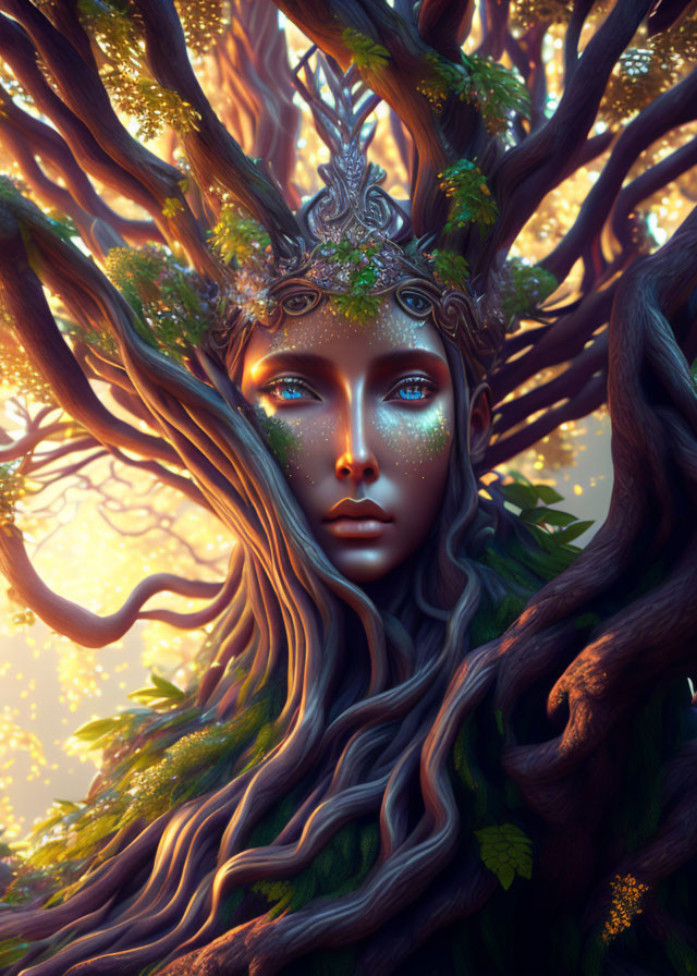 Ethereal art piece: Woman with tree-like features and ornate crown in magical forest