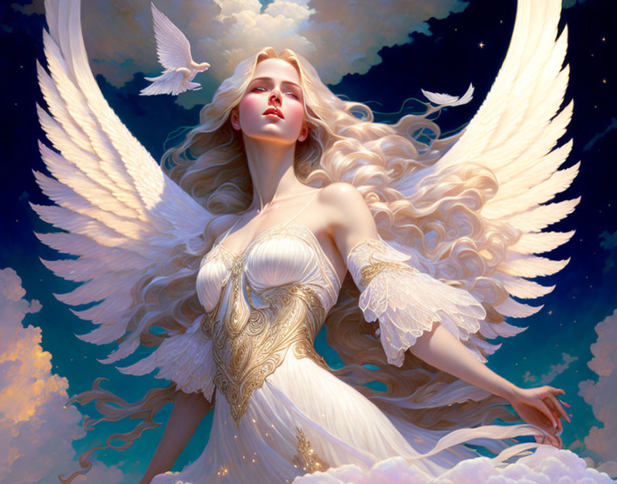 Ethereal angelic figure with white wings in celestial setting