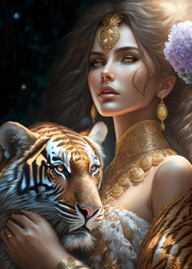 Woman wearing gold jewelry hugs a tiger in shadowy setting