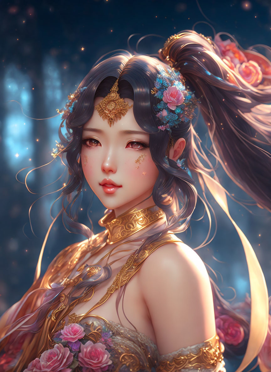 Digital Artwork: Female Character with Gold and Floral Hair Accessories