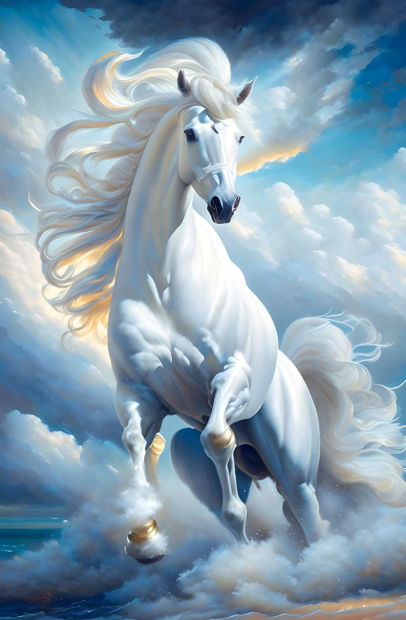 Majestic white horse rearing against dramatic sky