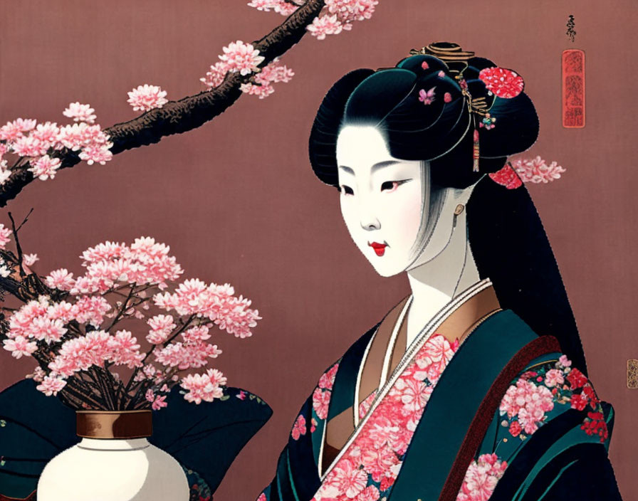 Traditional Japanese Art: Geisha with Cherry Blossoms