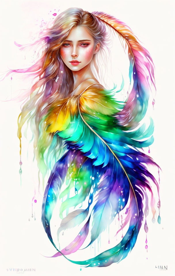 Colorful artwork of a woman with rainbow hair and feathers