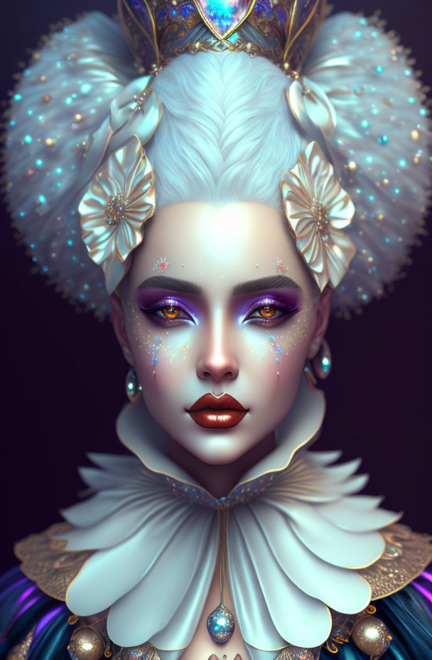 Digital Artwork: Woman in White and Gold Attire with Fantasy Purple Makeup