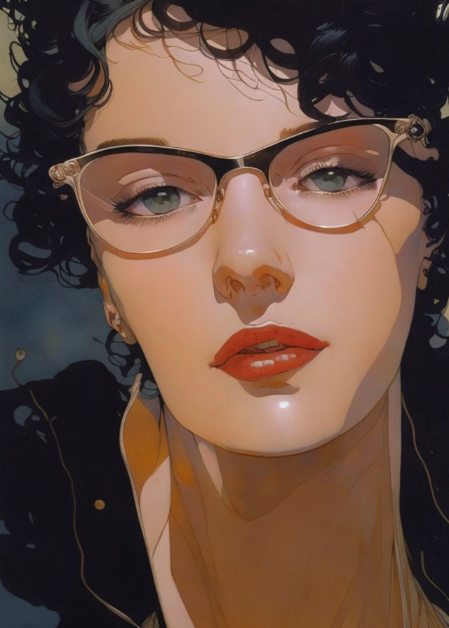 Detailed illustration: Woman with curly hair, stylish glasses, red lips, contemplative expression