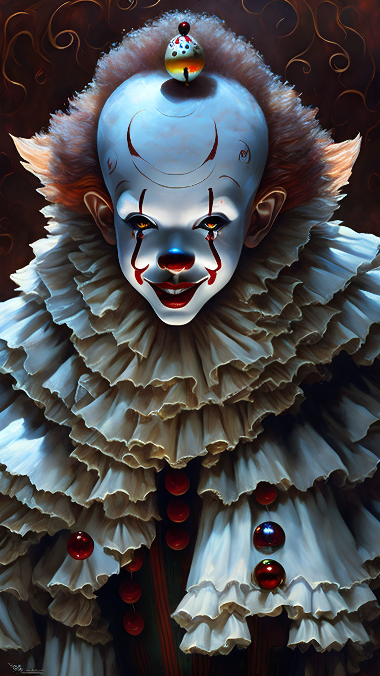 Detailed illustration of a white-faced clown with blue eyes, red nose, ruffled collar, ornaments,