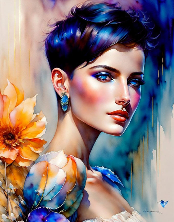 Colorful Illustration of Woman with Blue Haircut and Earrings