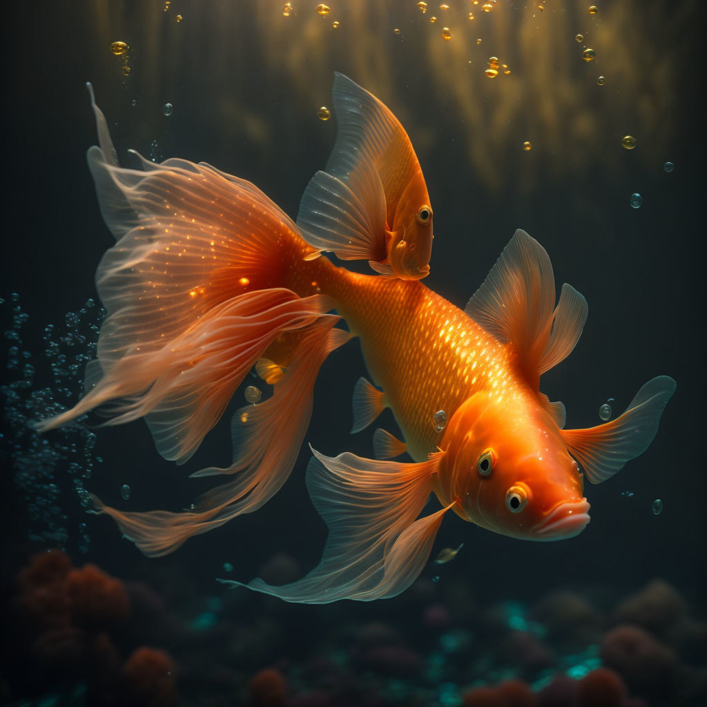 Two Goldfish Swimming Gracefully in Dimly Lit Water Environment